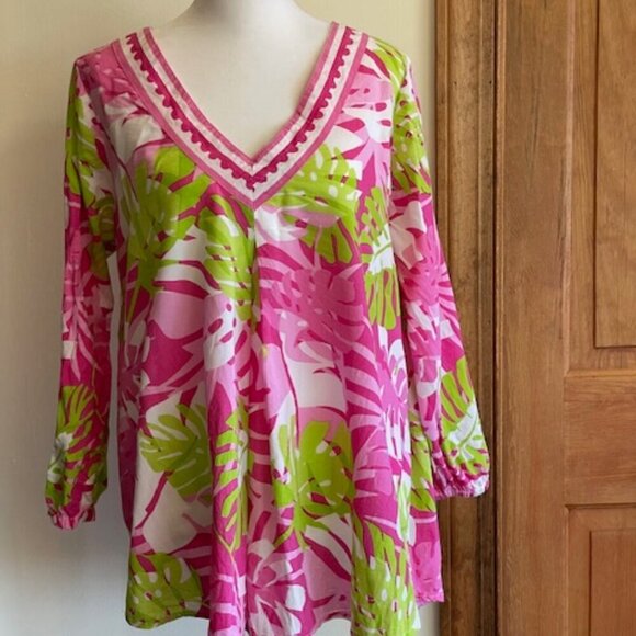 BARBARA GERWIT Cotton Tunic Top Pink Green Floral Print L - Picture 4 of 16